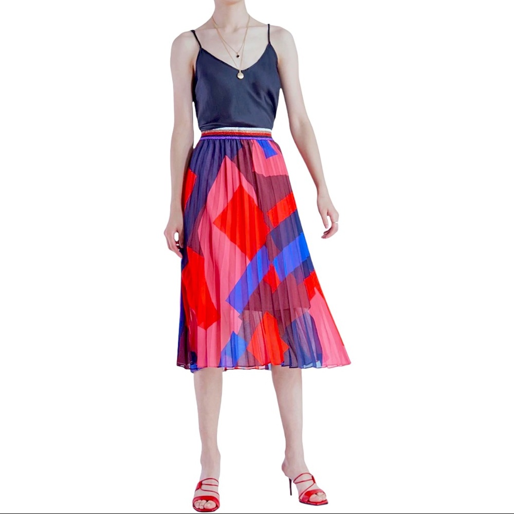 Suncoo sheet pleated printed midi skirt with lining. Size T2(M) red, pink, blue